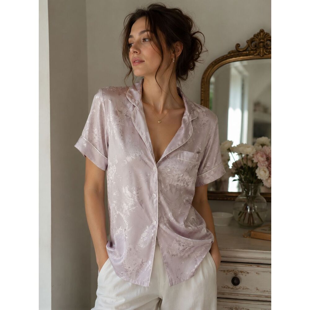 Vintage 100% Silk Pajama Blouse Pink Floral Jacquard Quiet Luxury Coquette Top S